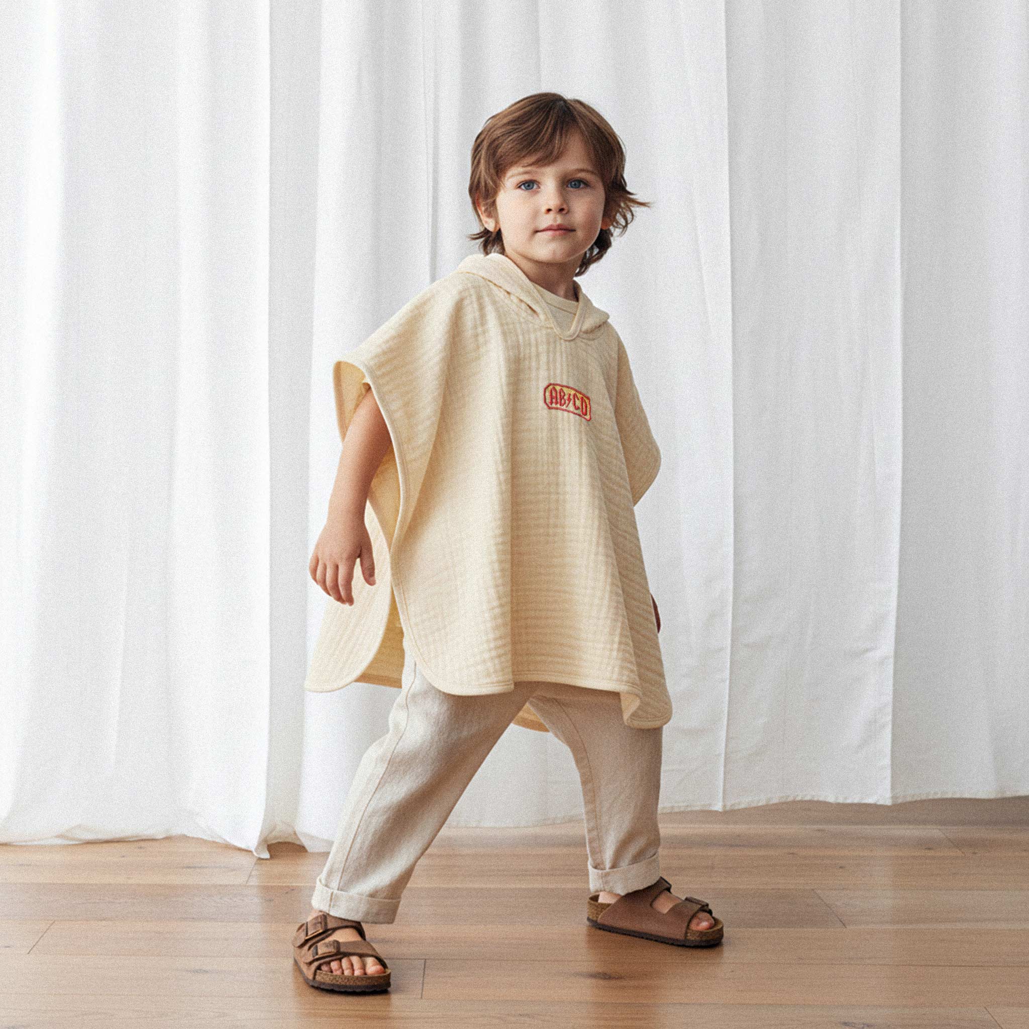 Keten pantolon ve sandalet giyen erkek çocuk, üzerinde ekru renkli, 'AB/CD' nakışlı kapüşonlu müslin panço ile havalı bir poz veriyor.