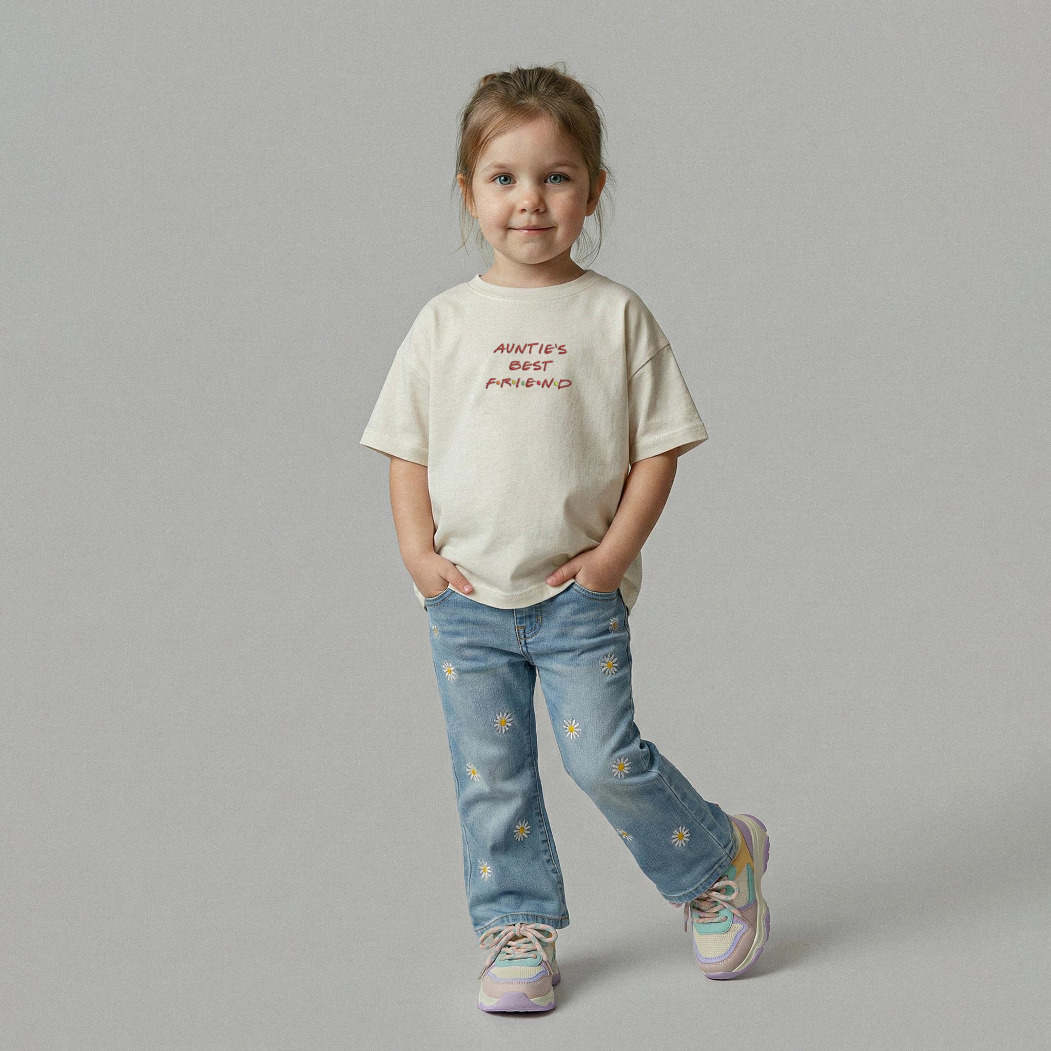 Ekru renkli, 'Auntie's Best Friend' nakışlı oversize tişört ve papatya desenli jean pantolon giyerek elleri cebinde poz veren kız çocuk model.