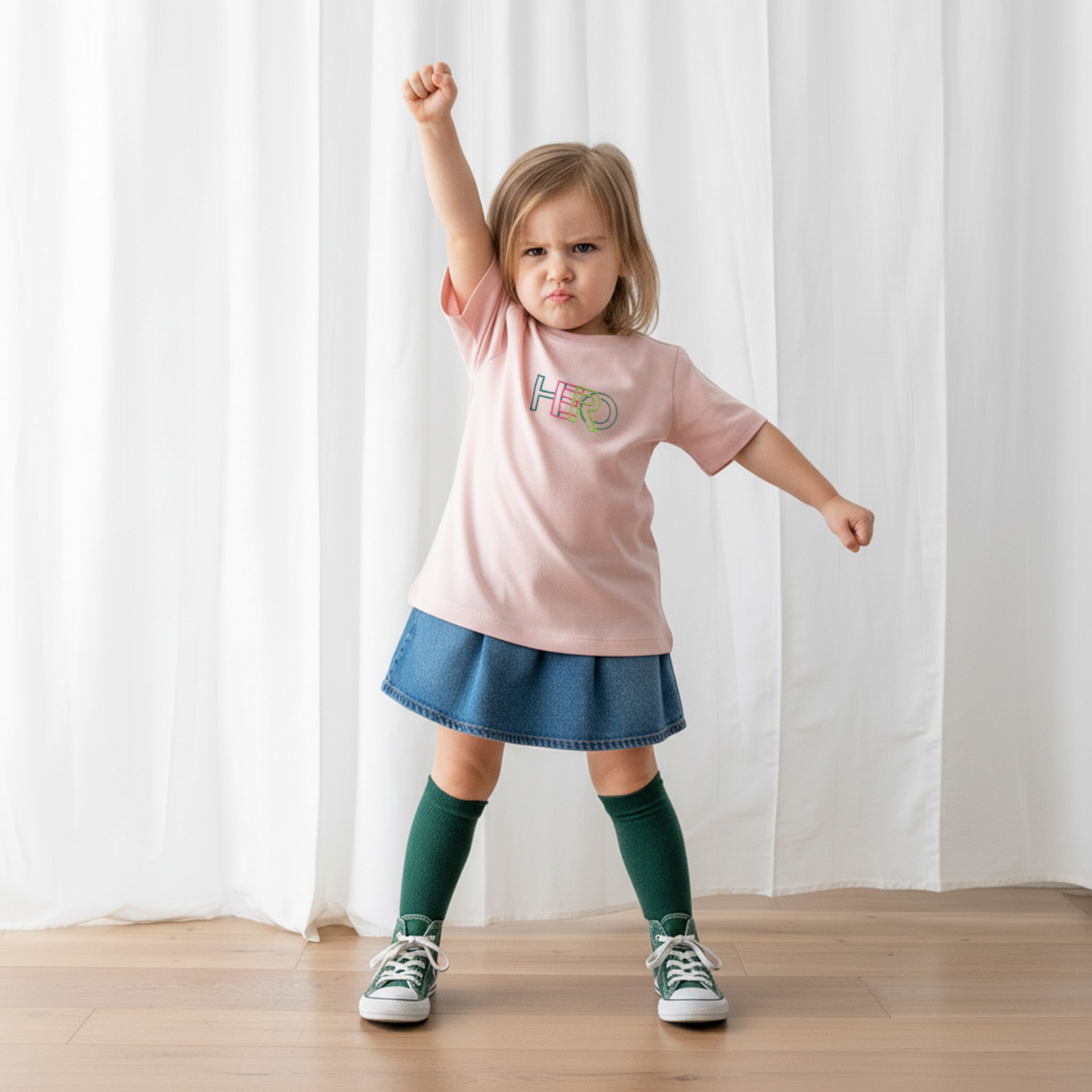 Jean etek ve gül kurusu, 'HERO' nakışlı reglan kollu tişört giyen küçük kız çocuk, kolunu havaya kaldırarak enerjik bir süper kahraman pozu veriyor.