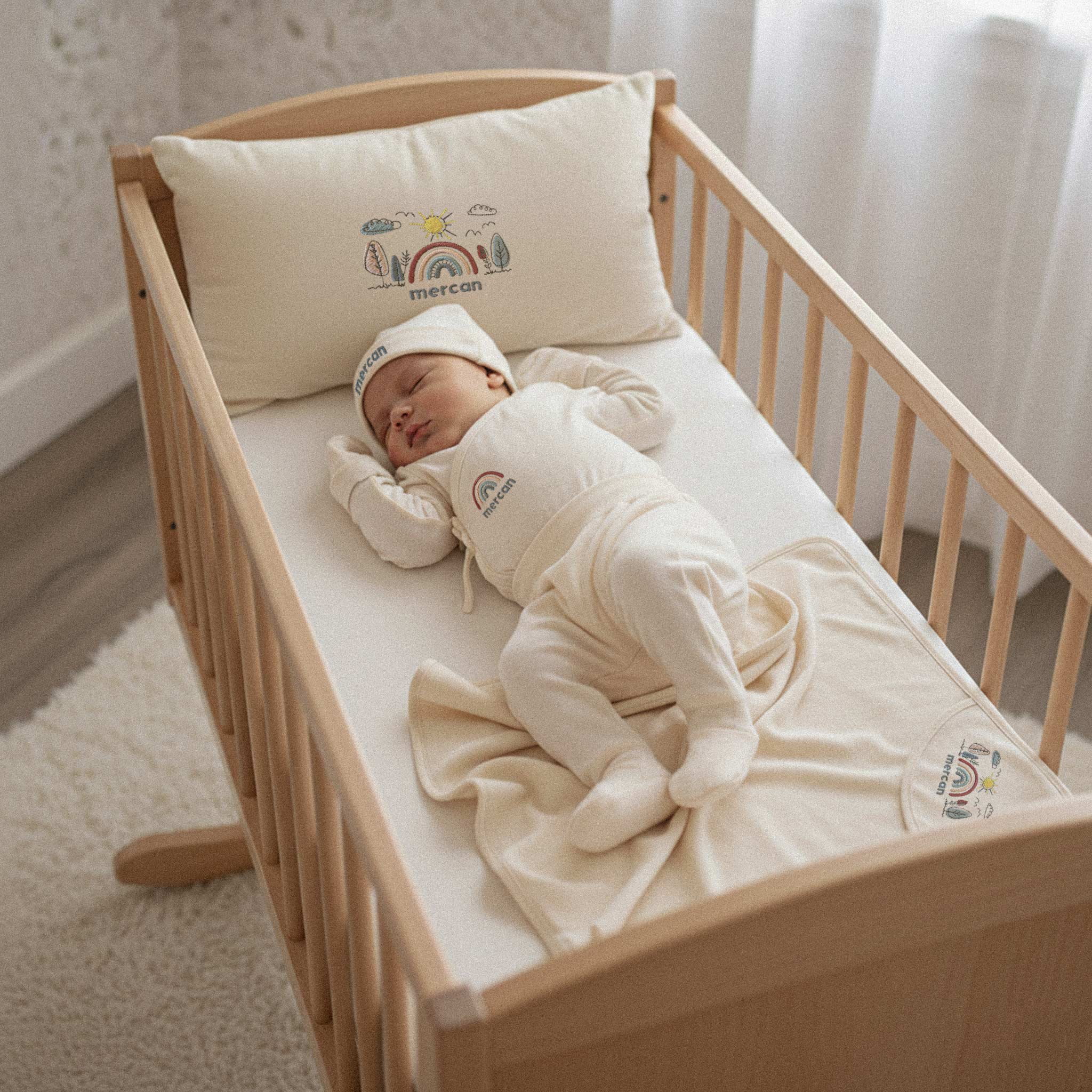 Ahşap beşikte uyuyan yenidoğan bebek, üzerinde ismi ve gökkuşağı nakışlı ekru renkli Bona Pera hastane çıkış seti (kruvaze üst, patikli alt, bere, eldiven) giyiyor. Beşikte aynı tasarıma sahip yastık ve battaniye de bulunmaktadır.