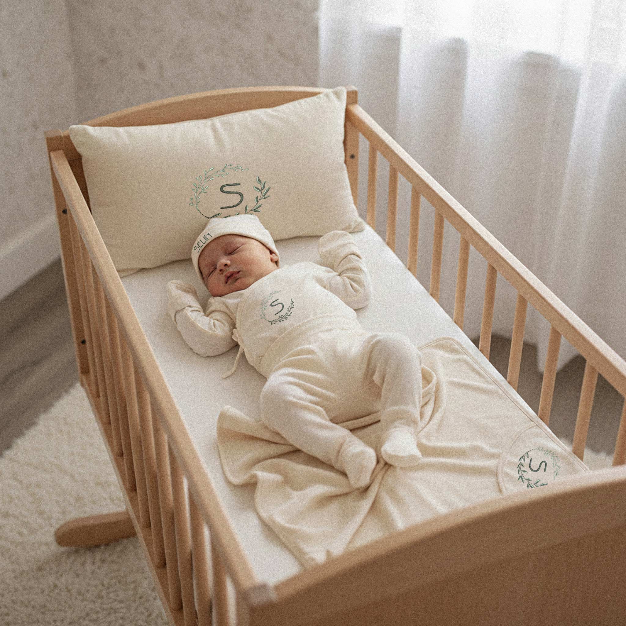 Ahşap beşikte uyuyan yenidoğan bebek, üzerinde baş harfi nakışlı ekru renkli Bona Pera hastane çıkış seti (kruvaze üst, patikli alt, bere) giyiyor. Beşikte aynı tasarıma sahip yastık ve battaniye de bulunmaktadır.