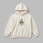 Güneş gözlüğü takan sevimli ananas ve kahverengi tonlarında "LOOKIN' PINE" nakışlı, krem renkli premium polar çocuk hoodie. Oeko-Tex sertifikalı kalın polar kumaş, Alman nakış işçiliği. Eğlenceli ve konforlu çocuk kışlık üst giyim.