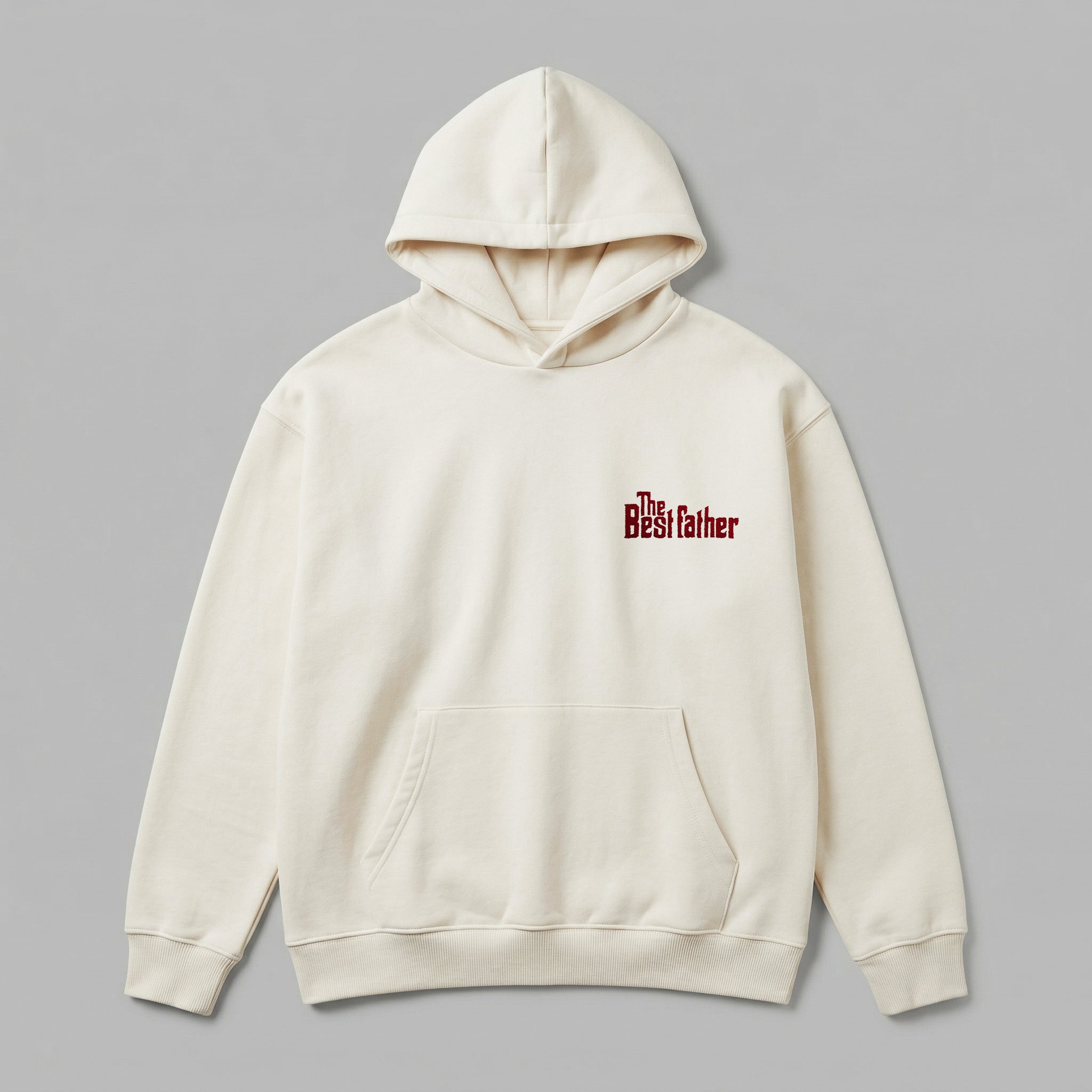 Krem renkli, Oeko-Tex sertifikalı kalın polar yetişkin kapüşonlu sweatshirt. Göğüs kısmında sinematik kült font tasarımıyla bordo/kırmızı iplikle işlenmiş "The Best father" nakışı yer alır. İçi şardonlu dokusu kışın sıcak tutar, rüzgarı keser ve terletmez. Fermuarsız tasarımı, kanguru cebi ve yüksek kalite Alman işçiliğiyle üretilmiş babalar için karizmatik premium kışlık erkek sweatshirt tasarımı.