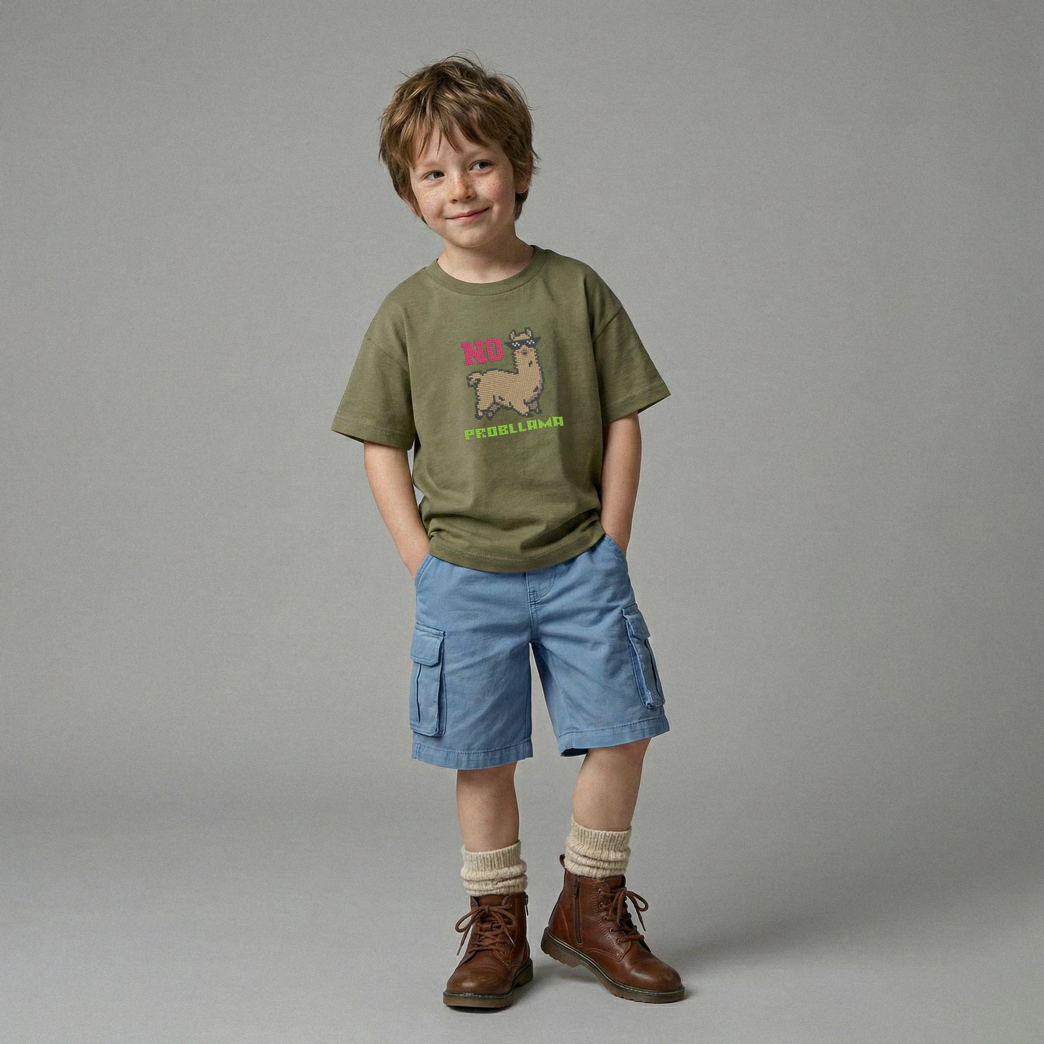 Haki yeşili, lama nakışlı oversize tişört ve mavi kargo şort giyerek elleri cebinde kameraya hafifçe gülümseyen erkek çocuk model.