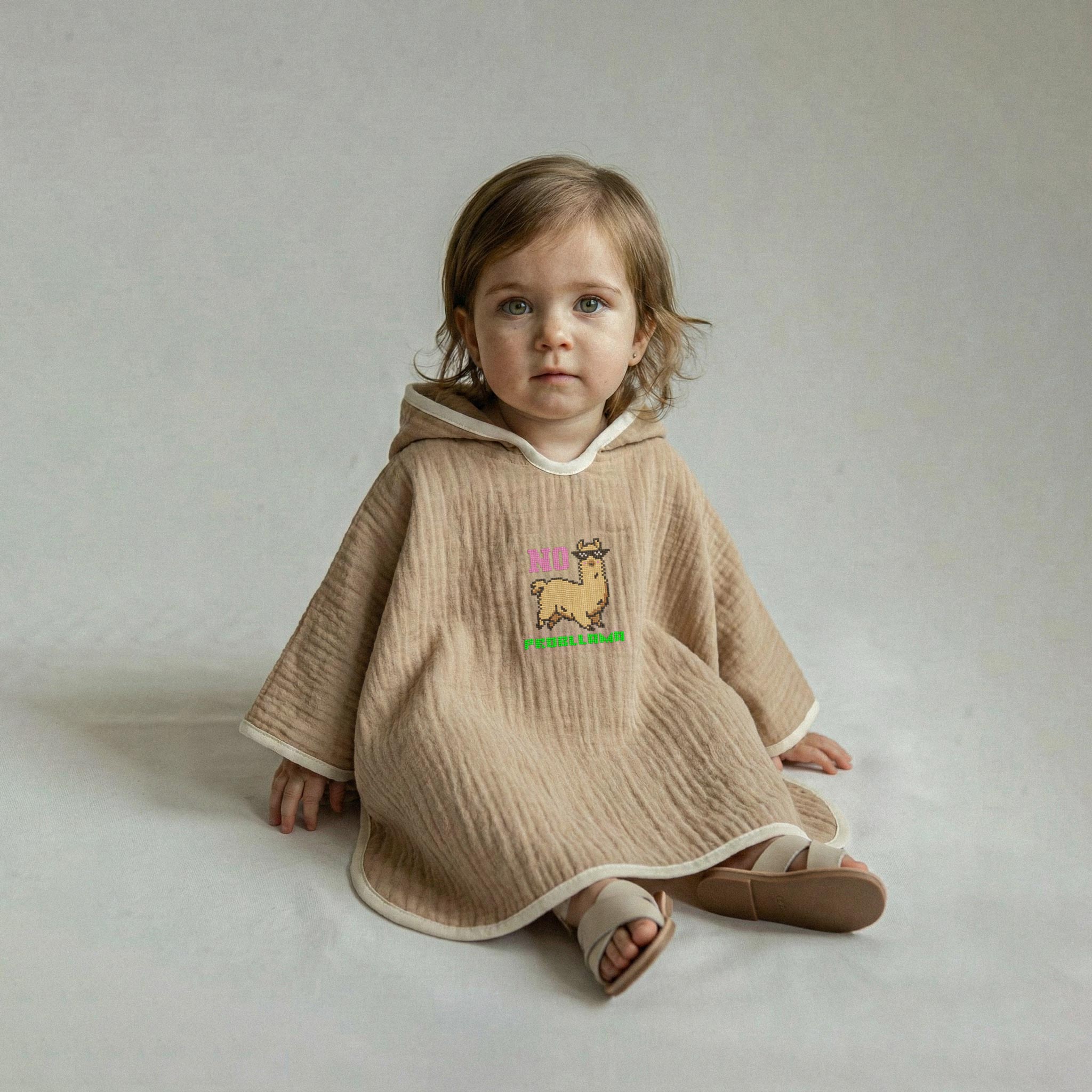 Somon rengi, lama nakışlı kapüşonlu müslin panço giymiş, yerde oturan sevimli kız bebek model.