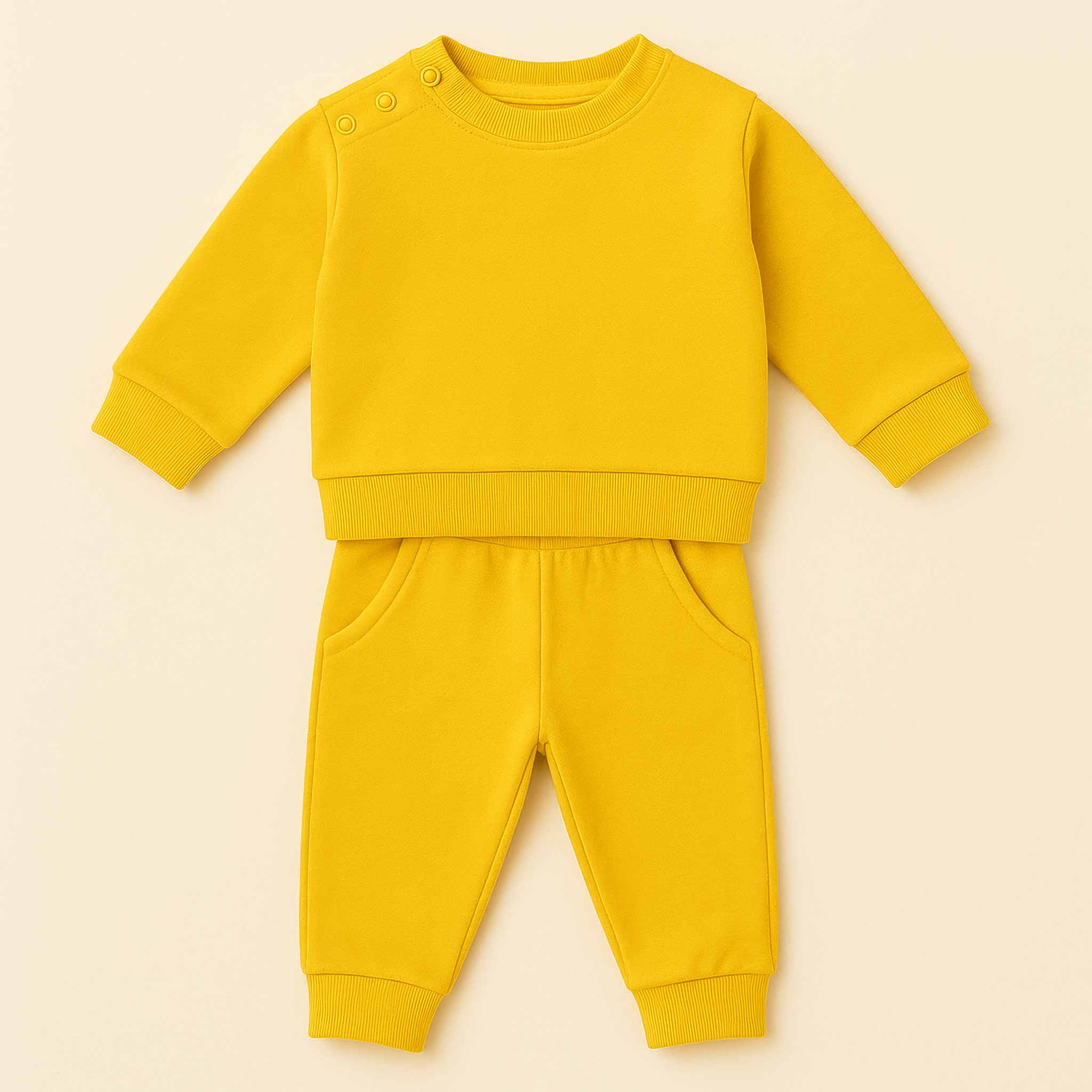 Hardal sarısı renkli, omuzdan çıtçıtlı pamuklu bebek sweatshirt ve eşofman altından oluşan takımın düz ön görünümü.