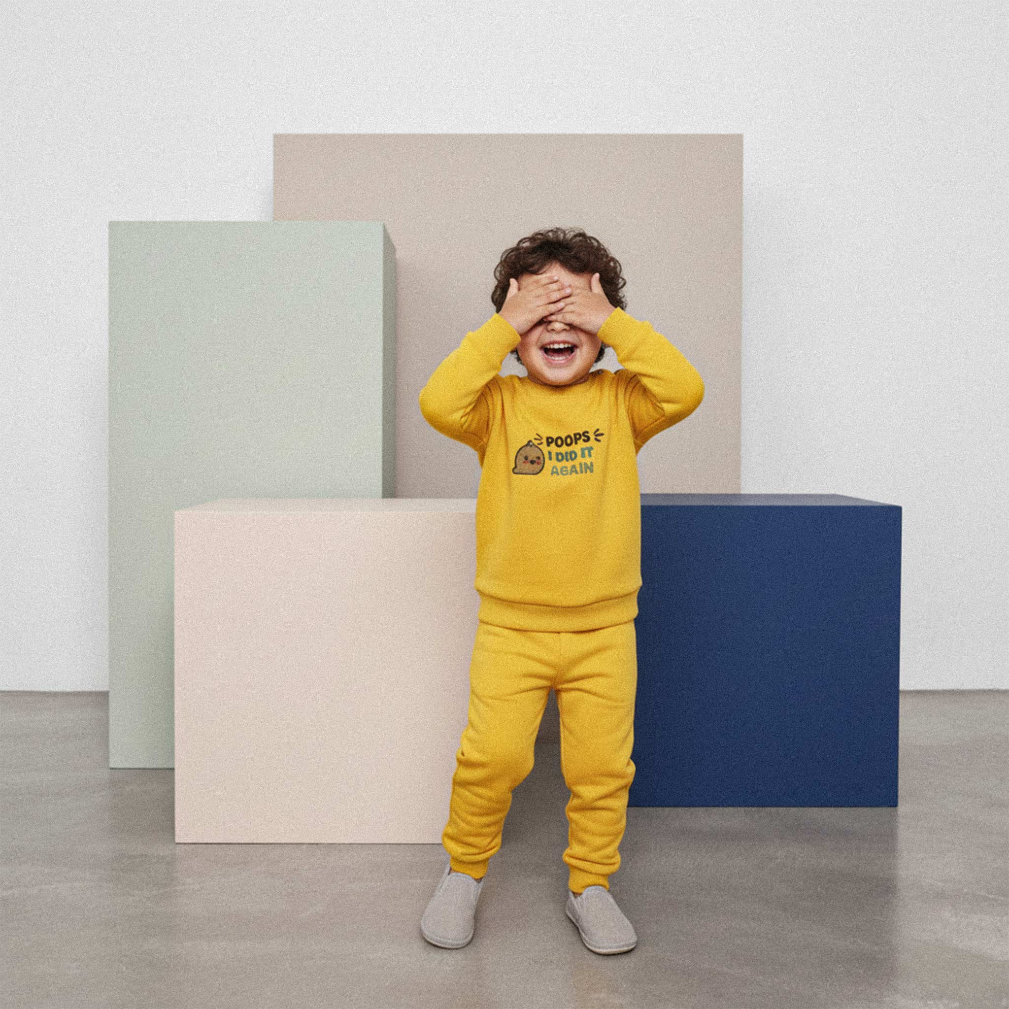 Kıvırcık saçlı, hardal sarısı renkli 'Poops I Did It Again' eşofman takımı giyen erkek çocuk, gözlerini kapatarak neşeyle kahkaha atıyor.