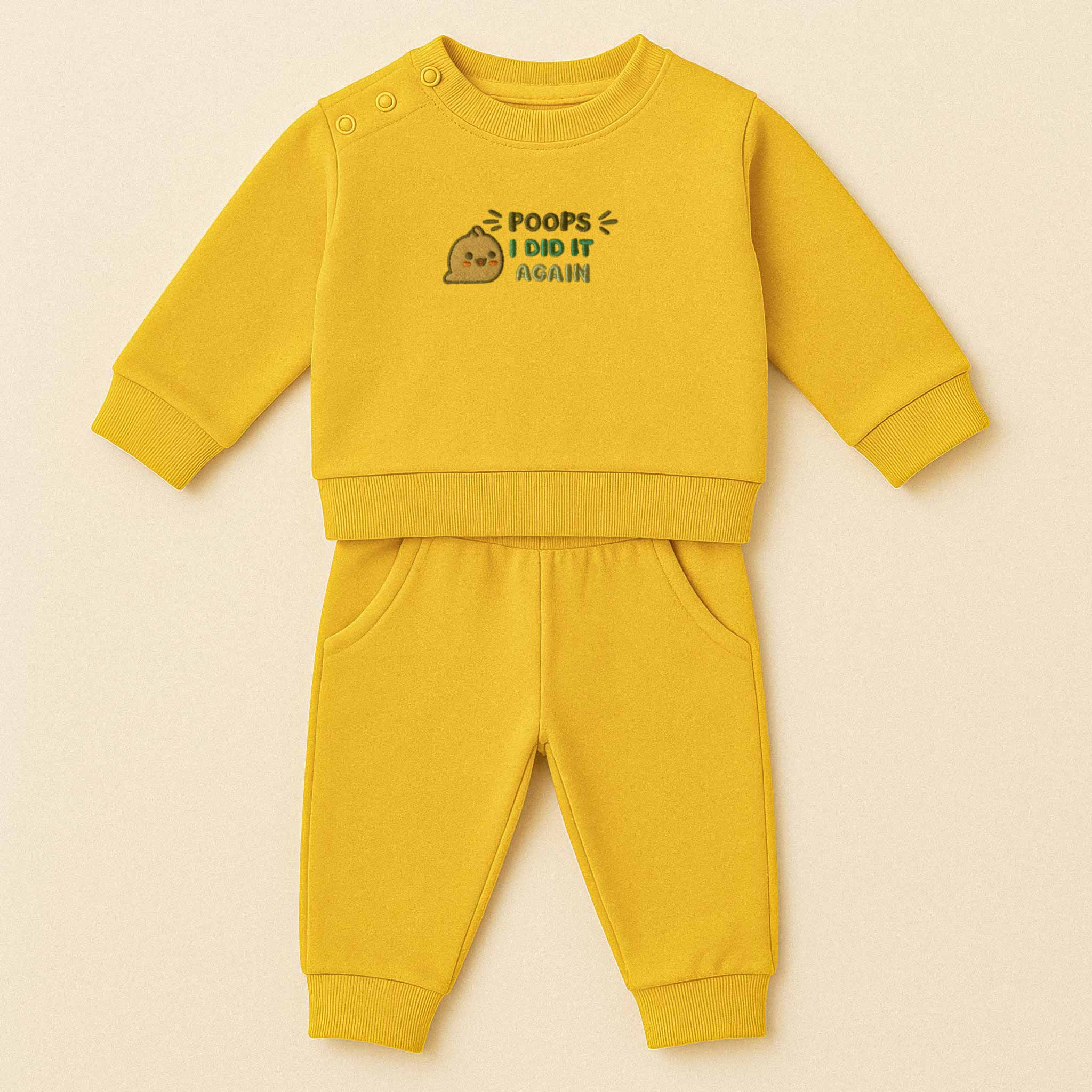 Hardal sarısı renkli, sweatshirt ve pantolondan oluşan, üzerinde "Poops I Did It Again" ve sevimli bir emoji baskısı bulunan, omuzdan çıtçıtlı pamuklu bebek eşofman takımı.