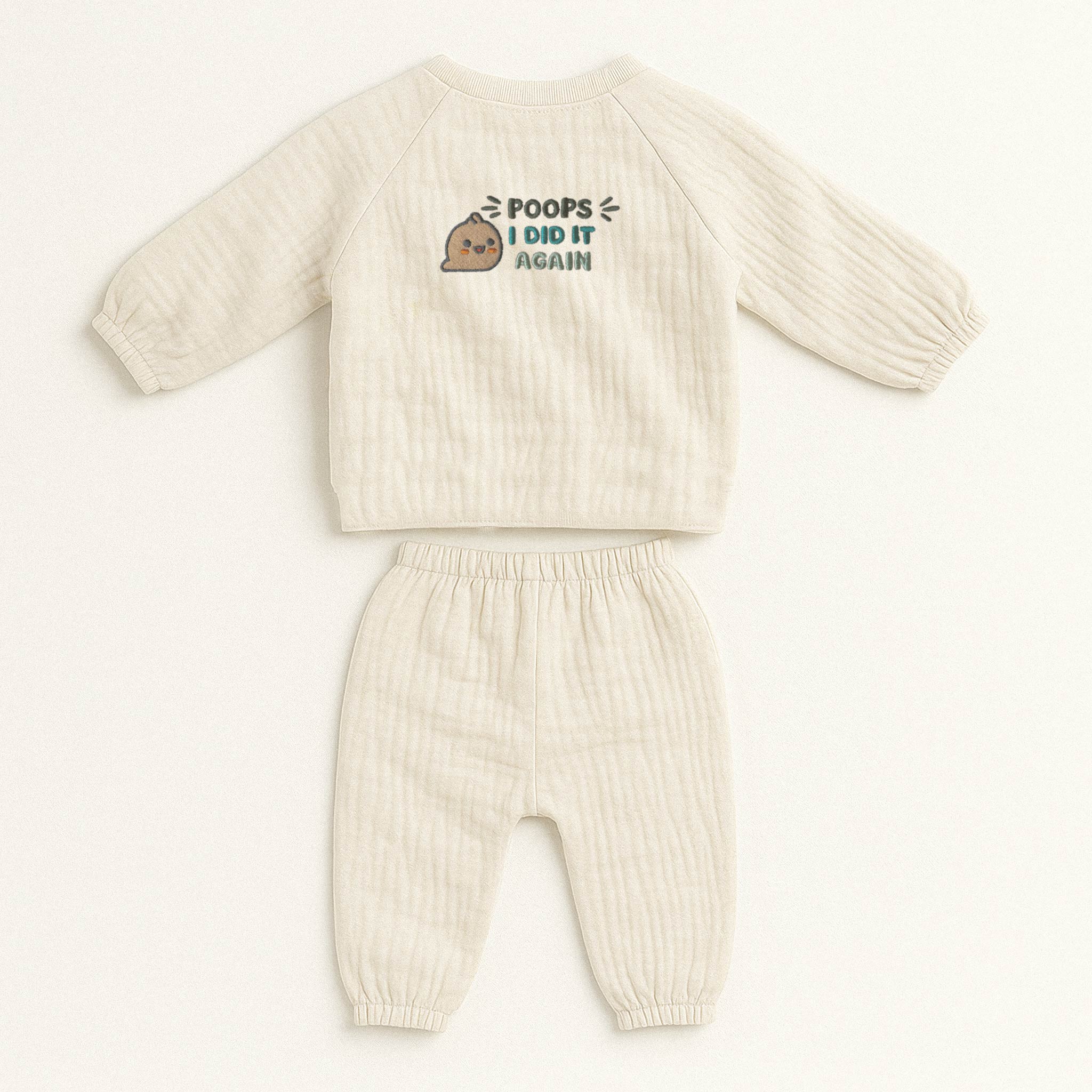 Doğal bej (ekru) renginde, müslin kumaştan yapılmış, üzerinde "Poops I Did It Again" ve sevimli bir emoji baskısı bulunan, yandan bağlamalı kimono üst ve pantolondan oluşan yenidoğan bebek takımı.