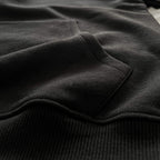 Siyah premium yetişkin pullover hoodie (kapüşonlu sweatshirt) modelinin kanguru cebinin bel ribanasıyla (alt bant) birleştiği noktayı gösteren makro detay çekimi. Kaliteli tok pamuklu kumaşın yoğun örgüsü ile esnek fitilli ribananın sağlam dikişlerle buluştuğu kusursuz işçilik. Cebin alt kısmındaki dayanıklılığı ve temiz bitişi vurgulayan premium yapısal detay.