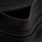 Siyah premium yetişkin t-shirt modelinin esnek fitilli yaka ribanasındaki dokuyu ve dikiş işçiliğini gösteren makro yakın çekim. Kaliteli ağır gramajlı pamuklu kumaşın yoğun örgüsü boynu nazikçe sararak konfor sunar ve formunu uzun süre bozmadan korur. Üstün konfor ve dayanıklılık vurgusu yapan yapısal detay.