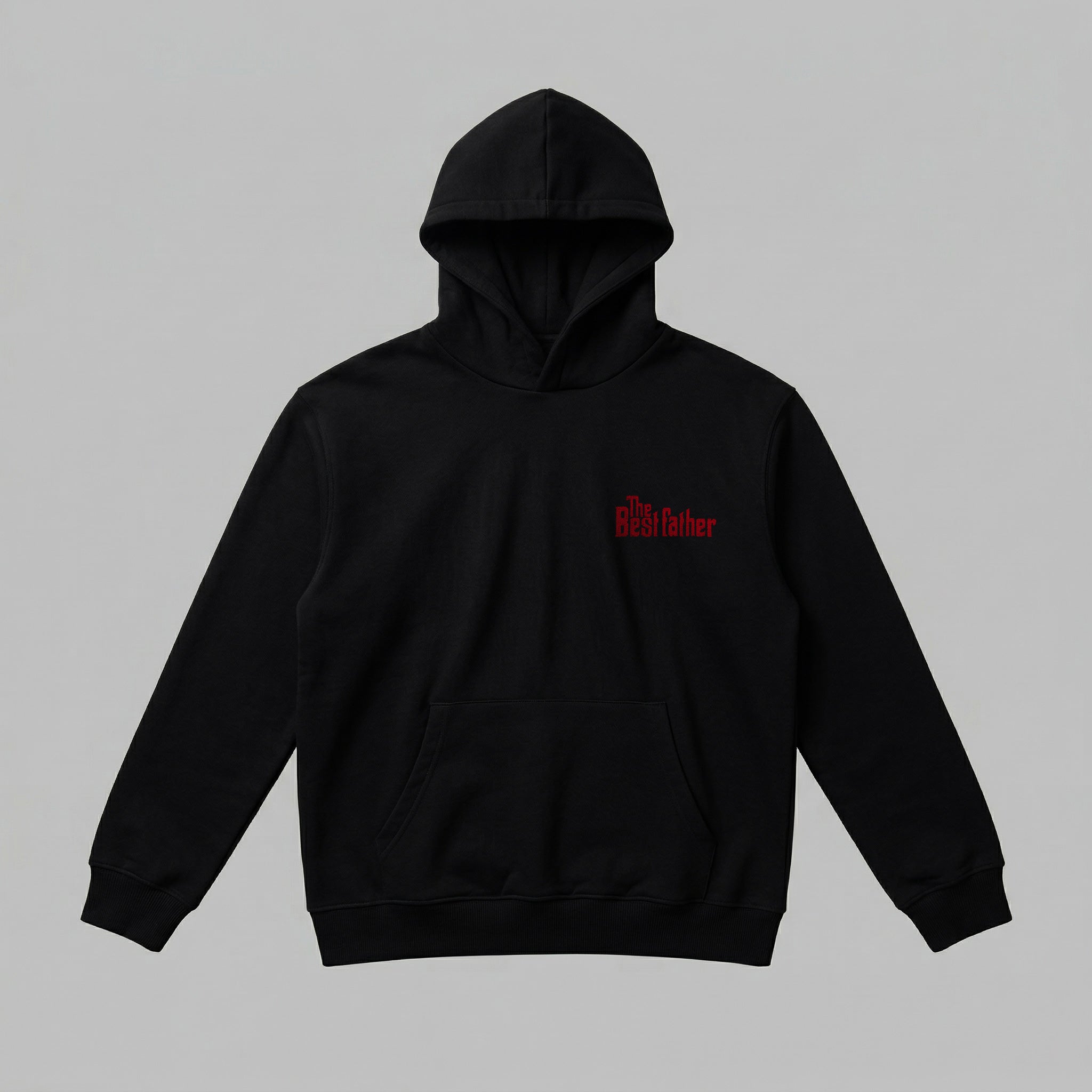 Siyah renkli, Oeko-Tex sertifikalı kalın polar yetişkin kapüşonlu sweatshirt. Göğüs kısmında ikonik sinema filmi yazı tipiyle bordo/kırmızı renkli "The Best father" nakışı bulunur. İçi şardonlu dokusu kışın sıcak tutar, rüzgarı keser ve terletmez. Fermuarsız tasarımı, kanguru cebi ve birinci sınıf Alman nakış işçiliğiyle üretilmiş babalar için zamansız premium kışlık erkek sweatshirt tasarımı.