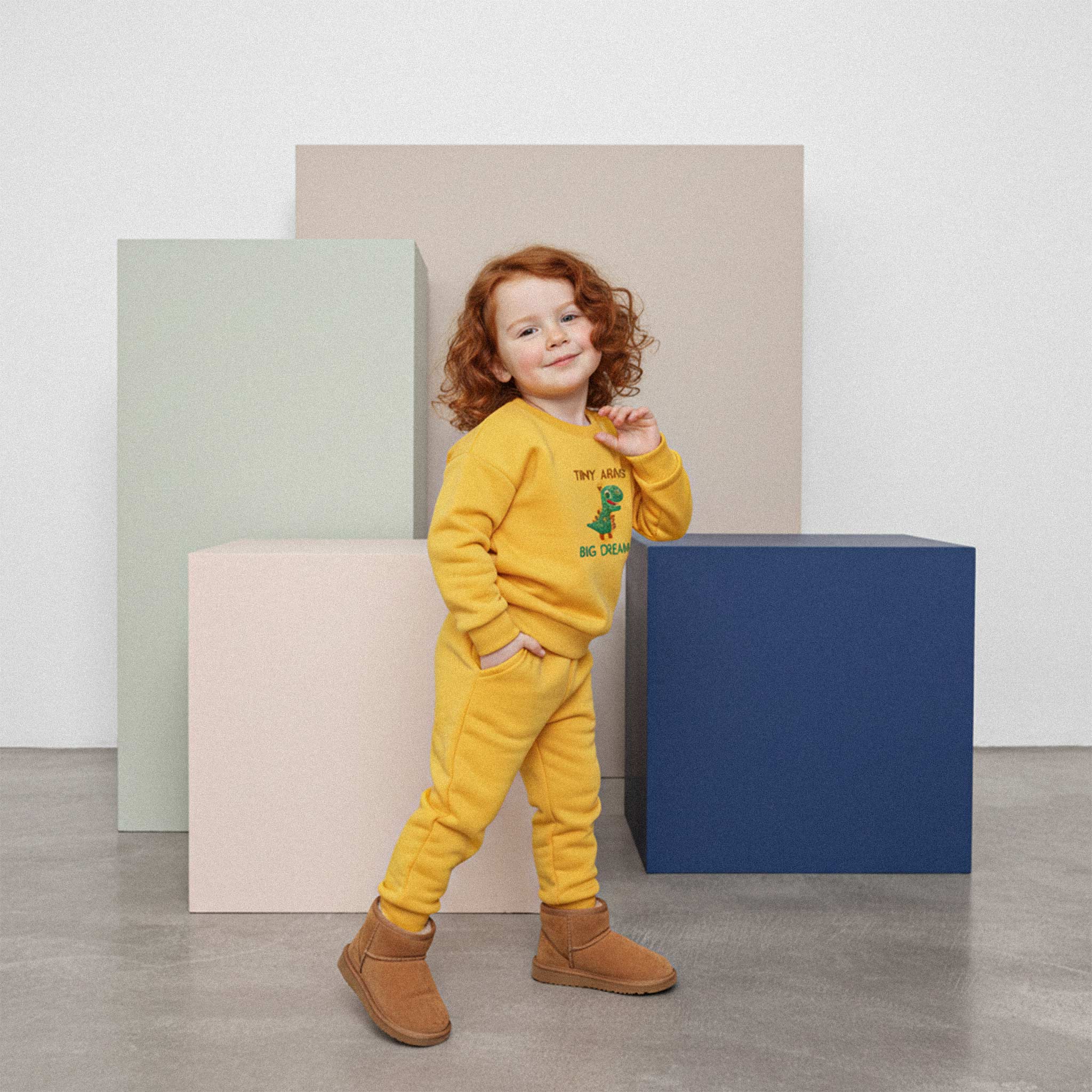 Kızıl saçlı, hardal sarısı renkli 'Tiny Arms Big Dreams' dinozor nakışlı eşofman takımı ve botlar giyen çocuk, bir eli cebinde gülümseyerek poz veriyor.